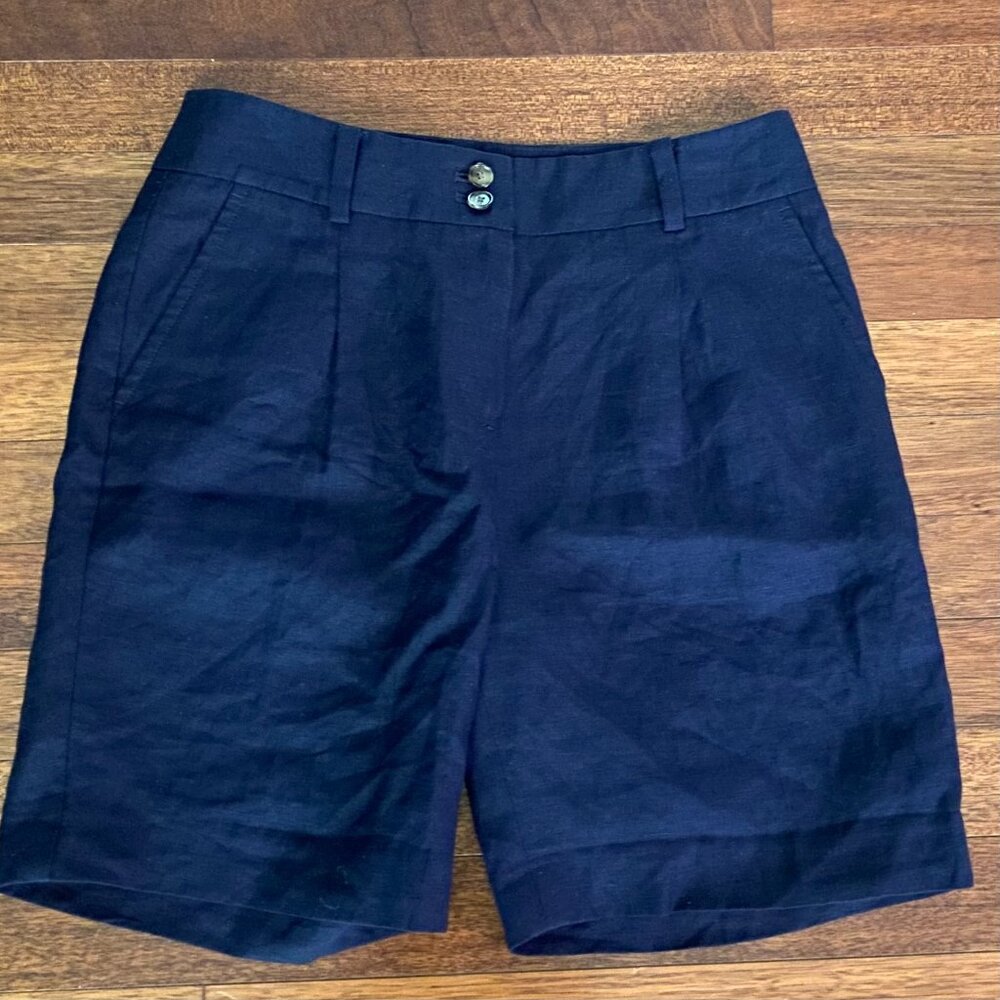 NWT! Talbots Classic Linen Pleated Indigo Blue Shorts 2P